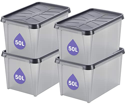 SmartStore Aufbewahrungsbox mit Deckel 50 L wasserdicht Plastik – 4er-Set – mattiert - ineinander & übereinander stapelbar - lebensmittelecht & BPA-frei – IP44 – L60 x B40 x H35 cm 10 Jahre Garantie