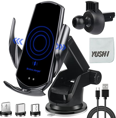 YUSHIHU Wireless Car Charger,15 W Qi Charging, Automatic Sensor Auto-Clamping Car Phone Holder, Windshield Dashboard Air Vent Phone Mount,compatible for iPhone, Xiaomi, Google, Honor,OPPO,etc