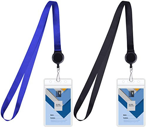 Wisdompro Kryssningsband med ID-korthållare, 2-pack halssnodd med infällbar rulle och dubbelsidig vattentät klar ID-märkeshållare för kryssningsfartyg – svart, blå (vertikal)