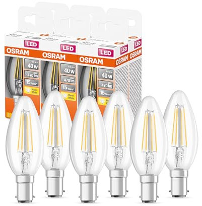 OSRAM Lampada a LED B40 a stella LED per base B15D, forma di candela, FIL, 470 lumen, bianco caldo, 2700k, sostituzione per lampadine da 40w convenzionali, non dimmerabile, pacchetto 6