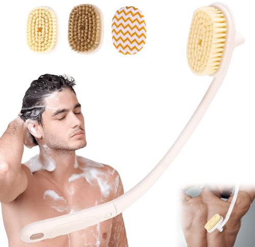 Rückenbürste mit Langem Stiel, 3-in-1 körperbürste zum Duschen Abnehmbarer Rückenschrubber, Ergonomisch Duschbürste Weichen Borsten, Körperwäsche Lotion Applikator für Senioren Männer und Frauen
