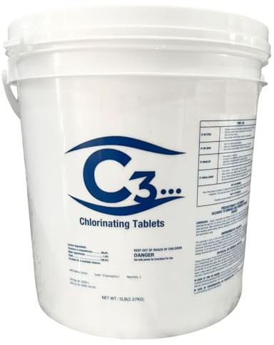 Tabletas de cloro C3-5 libras, 3 pulgadas | Tabletas de cloro para piscinas y spa | Tabletas de cloro de larga duración, disolución lenta, envueltas individualmente | Tabletas Tri-Chlor de 3 pulgadas