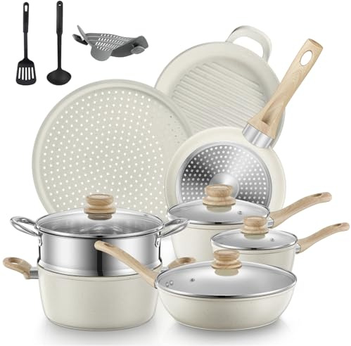FOHERE Set Pentole e Padelle Induzione 15 Pezzi, Batteria da Cucina Antiaderente in Alluminio con Coperchi, Adatto a Tutti i Piani Cottura,Bianco