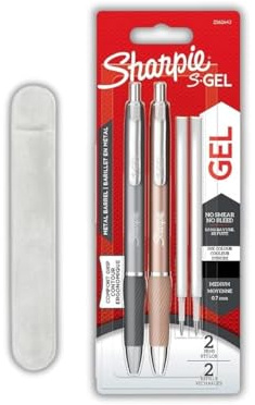 Sharpie S-Gel | Stylos gel en métal | Pointe moyenne (0,7 mm) | Gris acier et or rose | Encre noire | 2 stylos et 2 recharges de stylos gel avec étui en velours