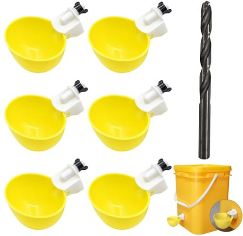 SacJkt Hühnertränke, 6 STK Hühnerfutter Automat mit Bohrer, Geflügeltränke Set, Wassertränke Hühner, Automatische Geflügeltränke für Hühner Enten Gänse Taube(Gelb)