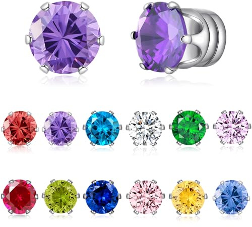 Spiritlele 12 Pairs Birthstone Magnetic Earrings Set Cubic Zirconia Clip on Non Piercing Fake Stud Earrings Birthday Gifts Unisex (Circle)