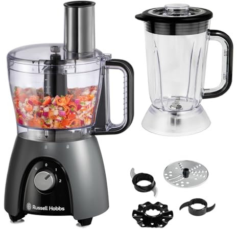 Russell Hobbs Food Processor [Blender/Chopper/Grinder/Vegetable Slicer] Electric Mixer (Kneading, Slicing, Chopping & Shredding, Dishwasher Safe Parts, 900W Peak power) Matte Charcoal 27111