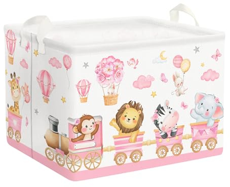 Clastyle 36L Grande Cestino Portaoggetti Treno Animali Fiore Rosa con Maniglia Ceste per la Biancheria Pieghevole Rettangolare Matite Vestiti Giocattolo per Camera dei Bambini