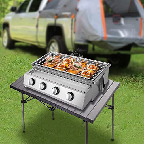 Barbecue a gas da campeggio, 4 fuochi, barbecue da tavolo, a gas, in acciaio inox, con griglia rimovibile, per balcone, patio, giardino (58 x 40 x 20 cm)