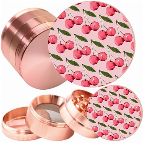 Pink Cherry Grinder - Four Piece Grinder with Full Print, Magnetic Top, Shark Teeth & Pollen Catcher - for Tobacco, Dry Herbs & Spices