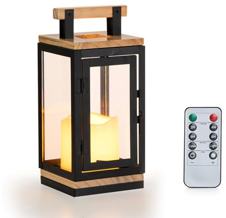 NUPTIO Lanterns Wooden for Candle Indoor: LED Pillar Candle Decorative Hanging Lantern for Living Room Outdoor 23.5cm Tall Christmas Candle Holders Metal Fireplace with Remote Control Timer