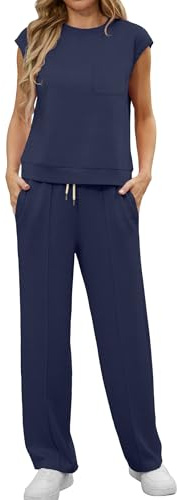GRECERELLE Two Piece Outfits Women Summer Short Sleeve Tracksuit Womens Full Set Lounge Wear Sets for Women Casual Crew Neck Cap Sleeve Tops and Jogging Bottoms with Pockets