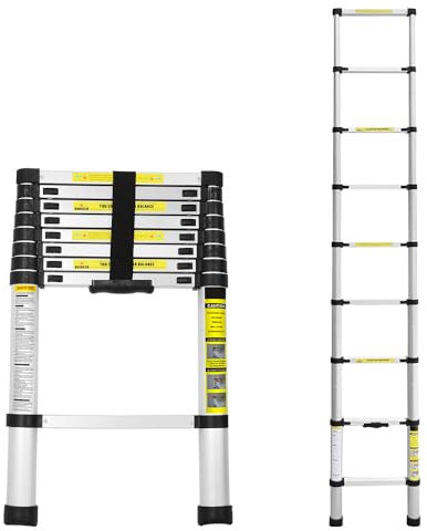 Cecaylie Escalera telescópica de 2,6 m, Escalera de Aluminio, Escalera Extensible con pies Antideslizantes, Escalera Multiusos para ático, Escalera de pie, portátil, Ligera, 150 kg de Capacidad de
