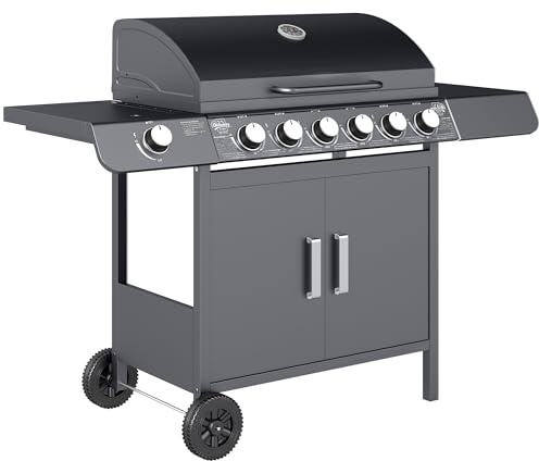 Outsunny 6+1 Burner Gas BBQ Grill, Outdoor Barbecue Trolley with Wheels, Warming Rack, Side Shelves, Cabinet, Thermometer for Garden, Party, Camping, 135 x 51.5 x 100cm, Grey