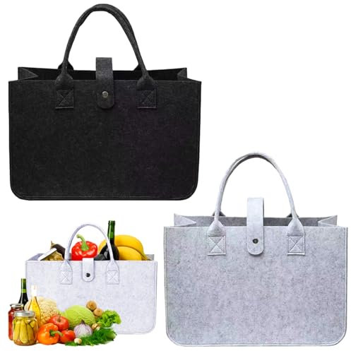 Zephyra 2 Stück Filztasche Einkaufstasche, Filztaschen Shopper Faltbar Und Wiederverwendbar,Filz Tasche,Faltbar Tragetasche Shopping Bag zur Outdoor Trips,Picknick,Einkaufen,Spielzeug,Schwarz+Grau