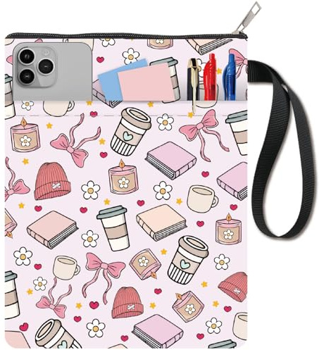 craspire Housse de Protection pour Livre Motif Nœud Rose Mignon Café Couvertures de Livres Couvertures de Livres Lavables Pochette en Tissu Poignée avec Fermeture Éclair Poche Avant pour Les Amoureux