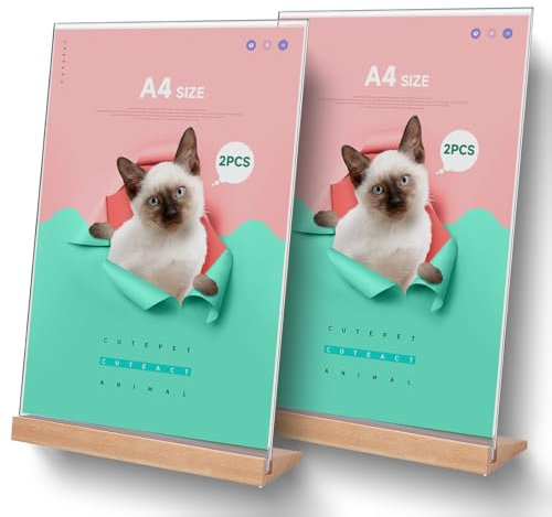 2 espositori da tavolo A4 in acrilico,con base in legno, Espositori Acrilico Trasparente Porta Menu da Tavolo Supporti, supporto a L per matrimonio, bar, ufficio, ristorante,caffè, 29,7x21 cm