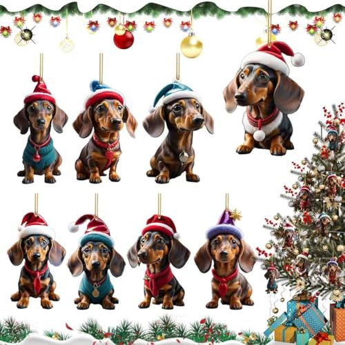 8 Stück Dackel Weihnachtsbaumschmuck, Weihnachtsbaumschmuck, Acryl Dackel Deko, Dackel-Hund-Auto-Anhänger, Weihnachten Deko Auto Anhänger, Cute Acryl Dachshund Tannenbaumschmuck