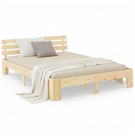 Homestyle4u 1837, Lit Simple en Bois 140x200, lit Simple avec sommier à Lattes, Naturel, pin Massif