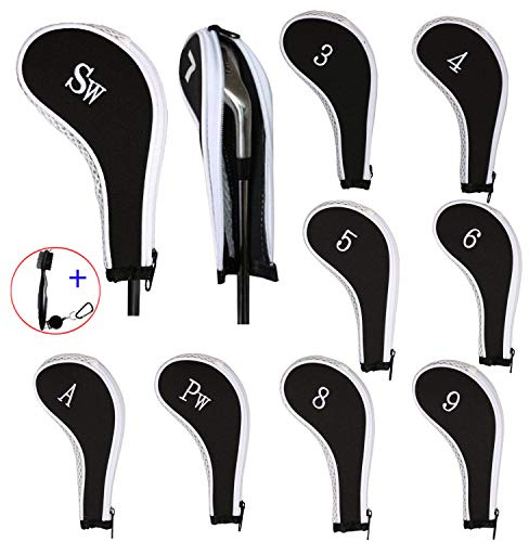 EDATOFLY 10 Pièces Capuchon de Golf Protection Club avec Couvre Fer Golf, Long Cou Impression de Numéro et 1 Pièce Clubs de Drosse de Nettoyage (Blanc)