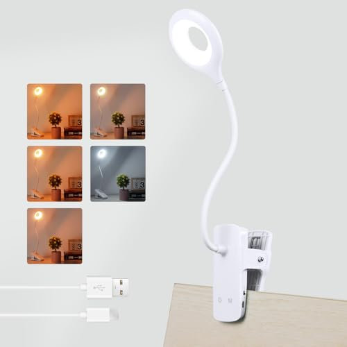 3W Leselampe am Bett Aufladbar Klemmbar, Typ-C Ladung, 5 Farbwechsel & 5 Helligkeit, Bettlampe mit akku, 28 LED Klemmlampe Touch Dimmbar, für Nachttischlampe Schreibtischlampe, Weiß