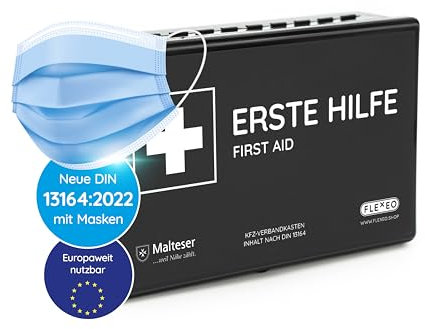 KFZ-Verbandkasten nach aktueller DIN 13164 [EUROPAWEIT GÜLTIG] gemäß StVZO | inkl. 2 med. Gesichtsmasken | Erste Hilfe Set, Kasten, Verbandskasten Auto, PKW