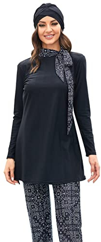IMEKIS Women 3pcs Muslim Swimsuit Modest Swimwear Full Cover Burkini Islamic Swimming Costume Long Sleeve Swim Top with Swim Pants Hijab Tankini Set Black XL