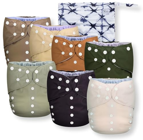 Nora's Nursery Large Pocket Cloth Diaper 7 Pack for Toddlers 35 to 55lbs with 1 Wet Bag - Waterproof Cover, Washable, Reusable & One Size Adjustable - Down to Earth