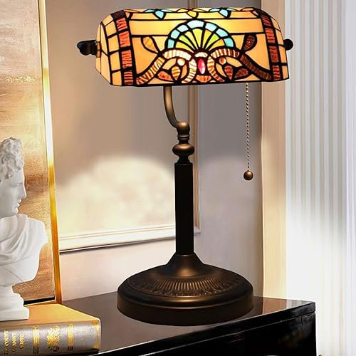 AIBOTY Banker-Lampe Tiffany-Buntglas-Tischlampe Vintage-Büro-Leseschreibtischlampe, Verstellbarer Lampenschirm, Aluminiumsockel, Reißverschlussschalter, Akzent-Schlafzimmer-Klavierlampe,Green f