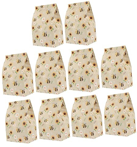 GOOHOCHY Bolsas De Papel De Boca Plana Para Embalaje De Regalos 10 Piezas Papel Duradero Estampado De Abeja Para Fiestas Cumpleaños y Uso Festivo