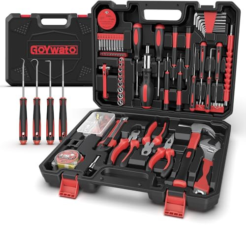 GoYwato Caisse a Outils Complete 205pcs - Boite a Outils Complete Malette Outils Bricolage avec Marteau Pince Jeu de Tourvis Screwdriver Bits Kit, Convient à L'entretien Ménager de Routine