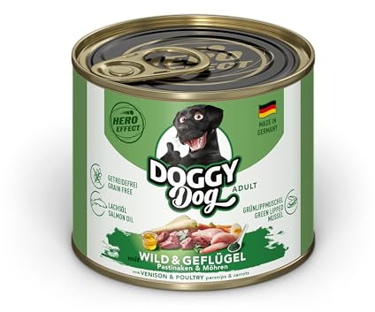 Doggy Dog Paté Wild & Volaille - 6 x 200 g - Nourriture Humide pour Chien - sans céréales - avec Huile de Saumon et Moule à lèvres Vertes - Aliment Complet avec panais et Carotte - Fabriqué en