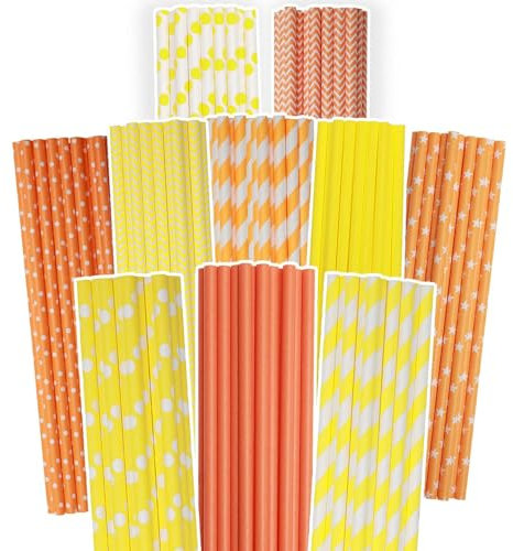 Gcardist Cannucce di carta da bere giallo-arancio monouso 150 cannucce biodegradabili monouso in confezione grande (10 motivi)