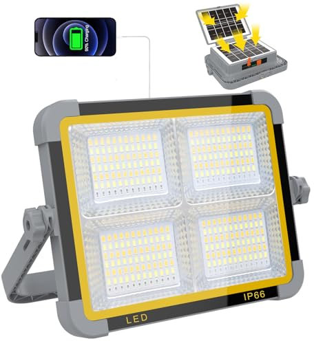 ERAY Foco LED Recargable 150W, Foco de Trabajo Portátil con Doble Panel Solar Batería de 9000mAh/336 LEDs/4 Modos de Luz/IP66/Banco de Energía para Camping, Emergencia, Trabajo