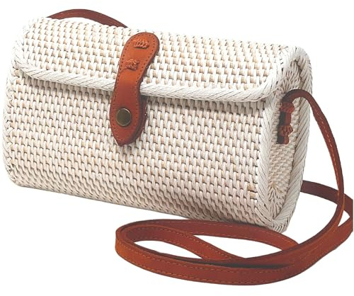 como sato rotting väska plånbok brun med lång läderrem flätad dam korgväska axelväska halmväska crossbody bag 21 cm, Vit