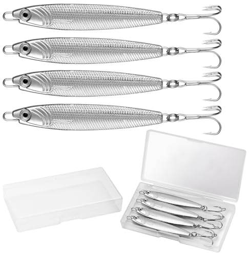 Annyswit 4 Pcs Metal Sea Fishing Lures with Trebles Hooks Silver Minnow Spoon Lures 20g 30g 40g 60g Pike Sea Fishing Tackle Metal Jigs for Mackerel & Cod & Bass & Freshwater