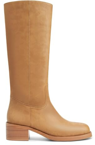 Gothictor Women's Banana Knee High Boots Square Toe Chunky Block Heel Comfortable Low Heel Pull on Wide Calf Riding Long Boots for Women 8.5