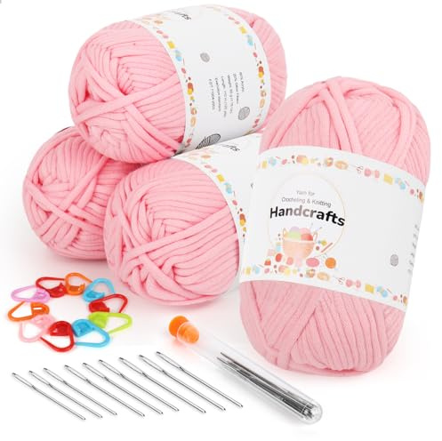 Aeelike 4X50g Dicke Häkelgarn Baumwolle zum Häkeln, Dickes Baumwoll-Nylon-Mischgarn mit Zubehör, Strickwolle Dickes Garn mit gut Sichtbaren Maschen, Kein Geteiltes Sperriges Crochet Yarn, Rosa