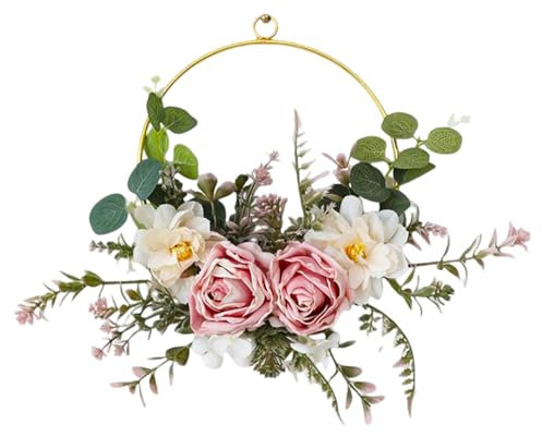 SJUNJIE Türkranz Frühling Künstliche Blumen Metallring Rosen Türkranz Wandkranz Trockenblumen Kranz Osterkranz Haustür Deko Türkranz Modern Frühlingskranz für Schlafzimmer Fenster Hochzeit