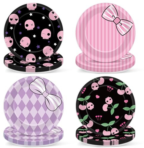 48PCS Kawaii Party Decorations 7 Cute Paper Plates Cartoon Theme Supplies Cartoon Dessert Tableware Set Adorable Pink Purple Disposable Cake Plates for Kids Baby Shower Birthday Party Favor