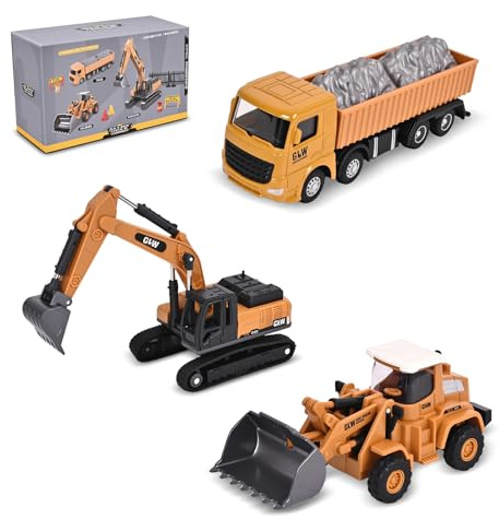 Unimoly Alloy Mini Construction Vehicles, 3Pcs Die-cast Metal Toy Set with Pull Back Action - Excavator, Dump Truck, Bulldozer for Toddlers & Kids 3 4 5 6 7 Years Old Boys Toys