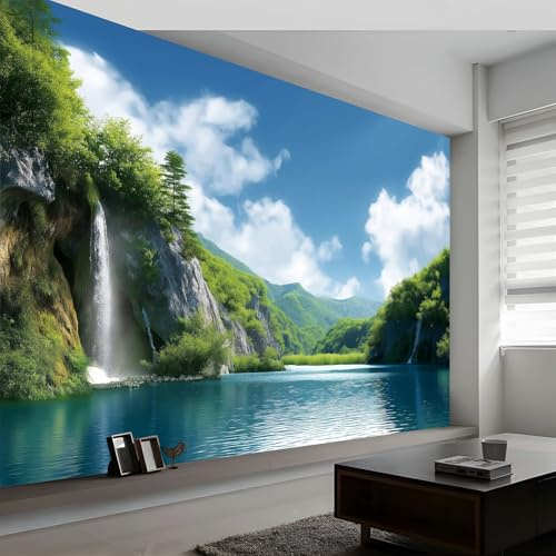 Wall Mural Blue Sky Waterfall Green Plants Wallpaper, 3D Wall Mural Decoration Poster Natural Scenery Picture Design, Photo Wallpaper for Living Room Bedroom Children's Room Office 450 x 280 cm