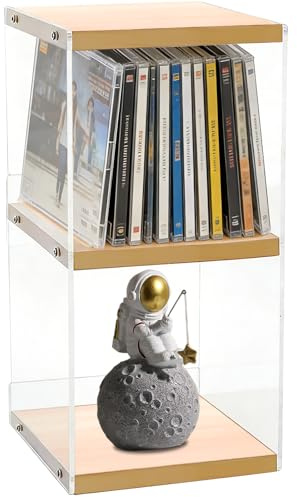 JAMHEXOU CD Holder Desk Rack Organizer, Wooden Clear Acrylic CD Holder Stand, Game Disc Display CD Organizer Desk Stand Protection Storage Cube, Fit for Theatre Room Collectibles Holds 30 CD Case