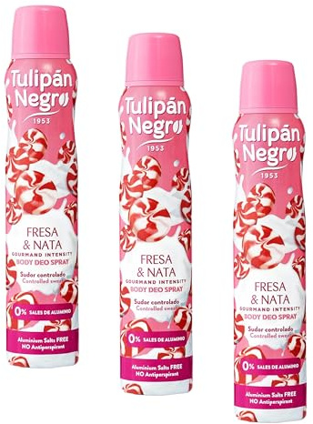 Tulipán Negro Desodorante Spray Fresa y Nata 200 ml, 0% Sales de Aluminio, Sudor Controlado (Paquete de 3)