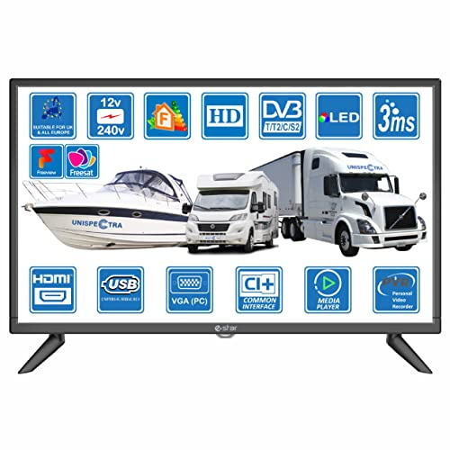 Motorhome Caravan Boat 12 Volt 24 Inch LED Digital HDR TV DVB-T2 /C/S2 Freeview Freesat Cable TV. 12V 240V USB PVR & Media Player, VGA & HDMI PC Monitor by Unispectra® (UK DVB-T2+DVBS2 (2021))