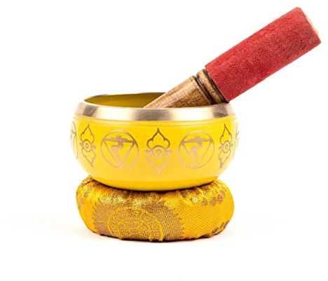 Myga Tibetan Singing Bowl with Cushion and Dual-Ended Striker - Creates Beautiful Sounds for Meditation, Relaxation, Wellbeing and Healing - Ideal for Chakra, Yoga, Zen and Peace - Solar Plexus