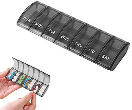 Jaimela Portapillole Settimanale a 7 Scomparti, Organizzatore per Pillole, Portapillole Giornaliero Piccolo, Contenitore Pastiglie Viaggio, Porta Medicine Tascabile(Nero)