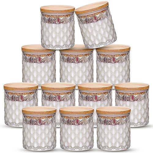 NiHome Embossed Glass Candle Jars with Bamboo Lids Set of 12 for Votive Candle Making, Household Storage and Tealight Holders - Clear Glass, Exquisite Patterns and Sealing Lids for Safe and Easy Use