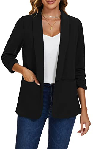 MINTLIMIT Open Front Blazers for Women Linen Suit Classic Jacket 3/4 Ruched Sleeve Size 24 (B-Black XXL)