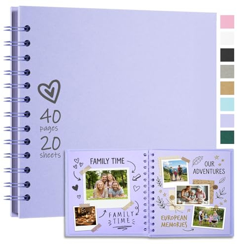 Vienrose DIY Álbum de Recortes 18x18 cm Libro de Recortes de Papel Kraft de Tapa Dura Álbumes de Fotos con 20 Hojas (40 Páginas) en Blanco para Boda Baby Shower Familia Aniversario, Morado Claro